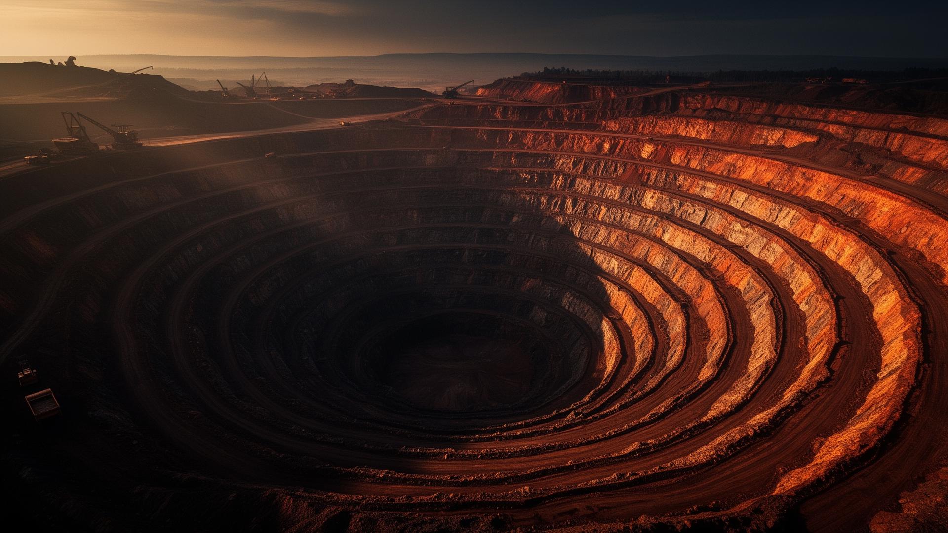 Aerial view of an open-pit copper mine at golden hour